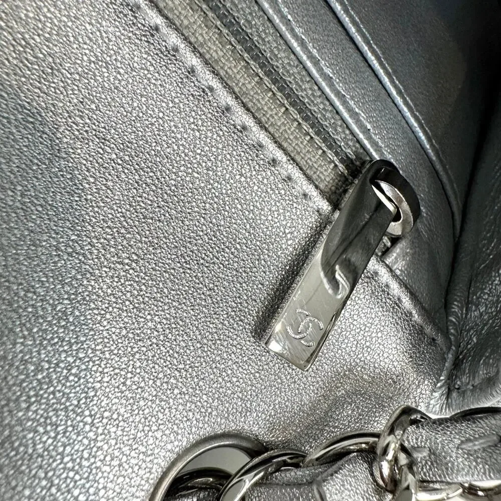 CHANEL Metallic Silver CC Logo Lambskin Quilted Mini Classic Flap Shoulder Bag